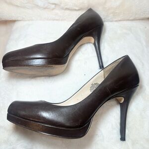 Nine West Dark Brown Leather Round-Toe Platform Pumps-sz 8M